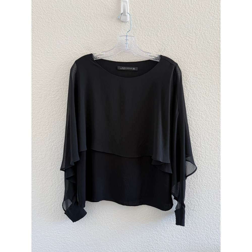 Zara Woman Black Layered Chiffon Blouse Sheer Long Open Sleeve Smocked Cuff M